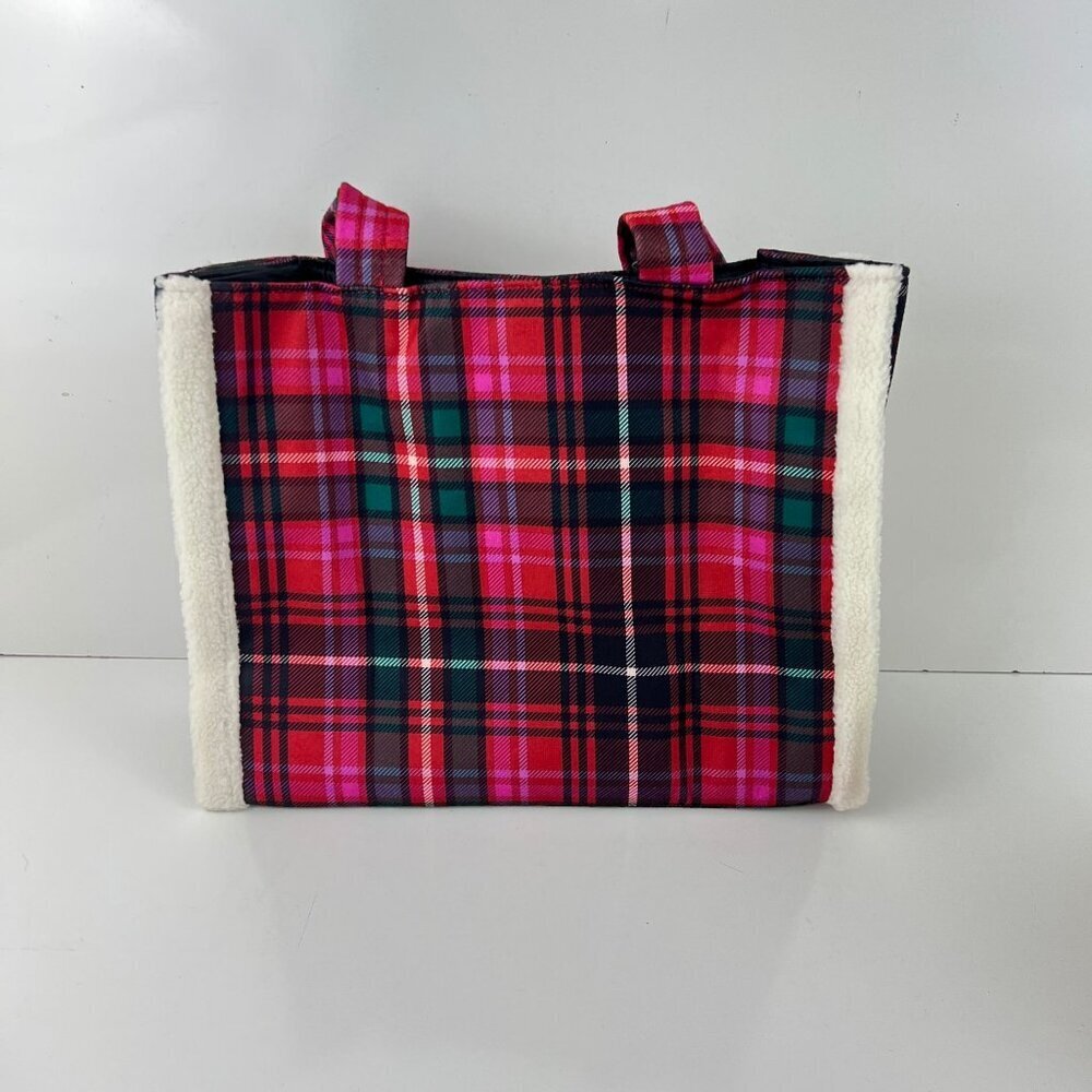 Victoria Secret Plaid Tote Bag Sherpa Trim & Logo Pink Red Green - Picture 2 of 6